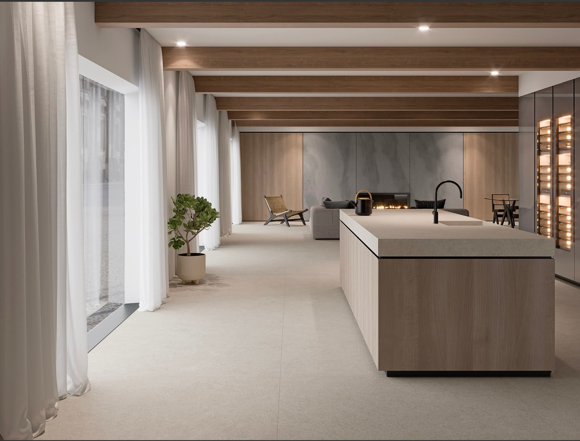 Cocina premium arquitectónica con superficies de porcelánico